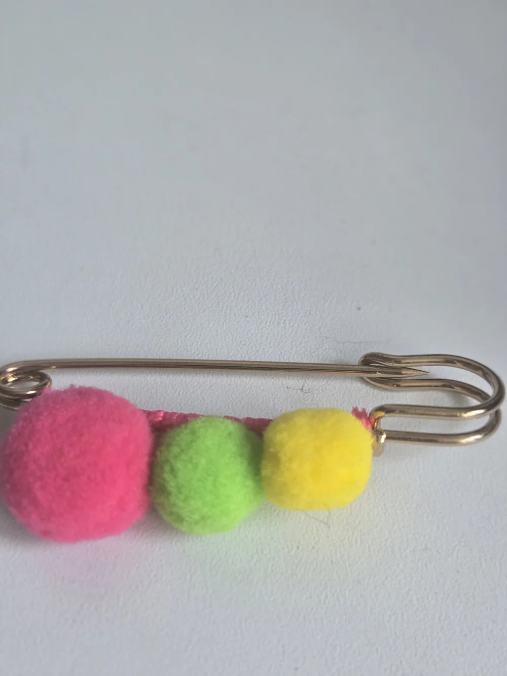 Kids Safety Pin with Pink, Green & Yellow Pom-Poms